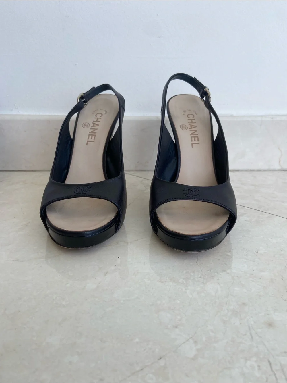 CHANEL Black Leather Open-Toe Slingback Heels 39.5 in Box with Dust bag
